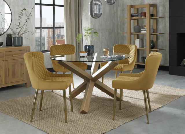 Premier Collection Turin Glass 4 Seater Table - Light Oak Legs & 4 Cezanne Mustard Velvet Chairs - Gold Legs