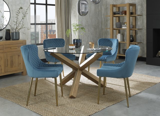 Premier Collection Turin Glass 4 Seater Table - Light Oak Legs & 4 Cezanne Petrol Blue Velvet Chairs - Gold Legs