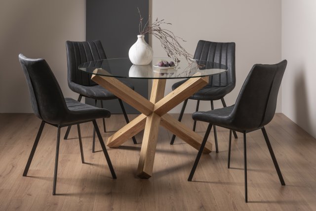 Premier Collection Turin Glass 4 Seater Table - Light Oak Legs & 4 Fontana Dark Grey Suede Fabric Chairs
