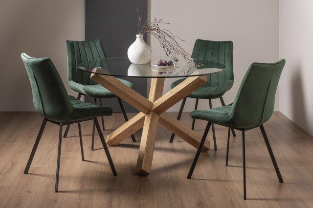 Premier Collection Turin Glass 4 Seater Table - Light Oak Legs & 4 Fontana Green Velvet Chairs