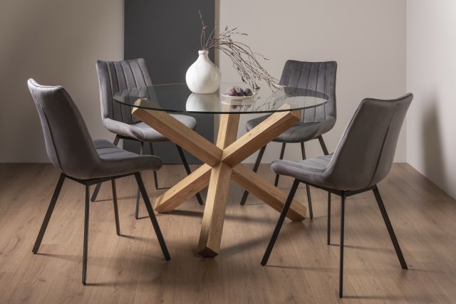 Premier Collection Turin Glass 4 Seater Table - Light Oak Legs & 4 Fontana Grey Velvet Chairs