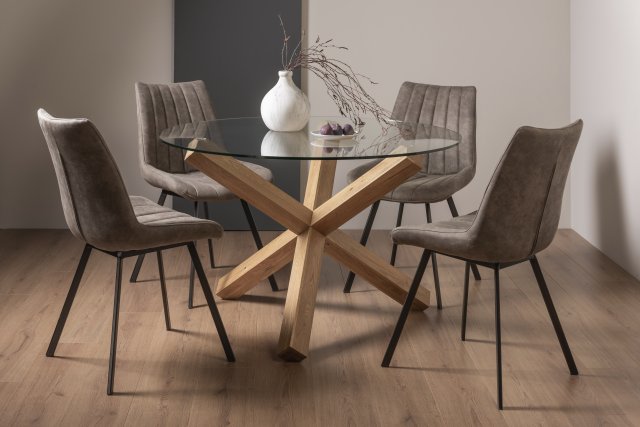 Premier Collection Turin Glass 4 Seater Table - Light Oak Legs & 4 Fontana Tan Faux Suede Fabric Chairs