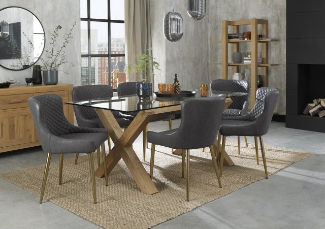 Premier Collection Turin Glass 6 Seater Table - Light Oak Legs & 6 Cezanne Dark Grey Faux Leather Chairs - Gold Legs