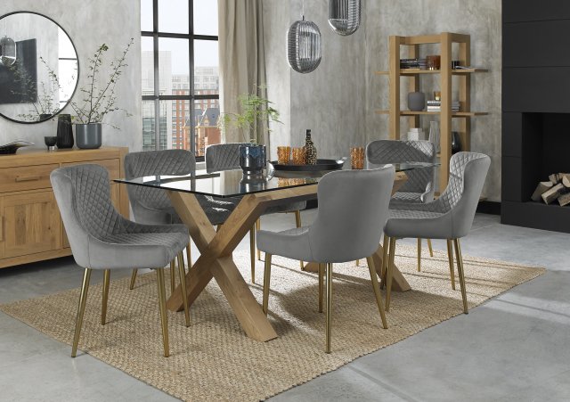 Premier Collection Turin Glass 6 Seater Table - Light Oak Legs & 6 Cezanne Grey Velvet Chairs - Gold Legs