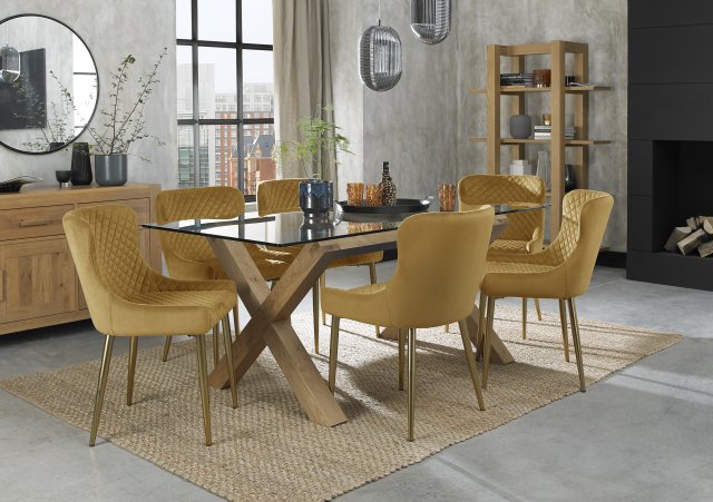 Premier Collection Turin Glass 6 Seater Table - Light Oak Legs & 6 Cezanne Mustard Velvet Chairs - Gold Legs