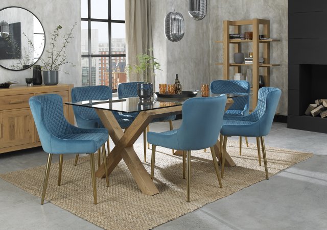 Premier Collection Turin Glass 6 Seater Table - Light Oak Legs & 6 Cezanne Petrol Blue Velvet Chairs - Gold Legs