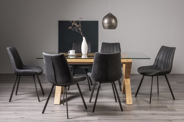 Premier Collection Turin Glass 6 Seater Table - Light Oak Legs & 6 Fontana Dark Grey Suede Fabric Chairs