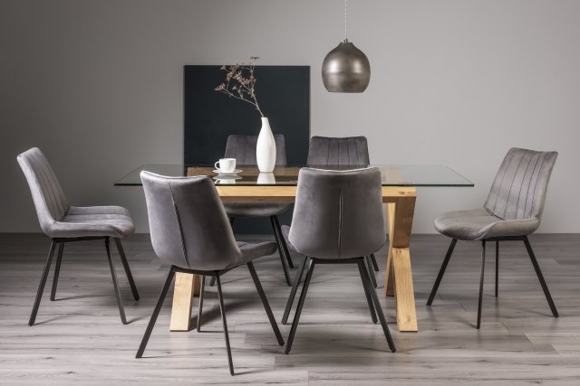 Premier Collection Turin Glass 6 Seater Table - Light Oak Legs & 6 Fontana Grey Velvet Chairs