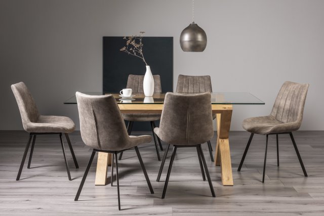 Premier Collection Turin Glass 6 Seater Table - Light Oak Legs & 6 Fontana Tan Faux Suede Fabric Chairs