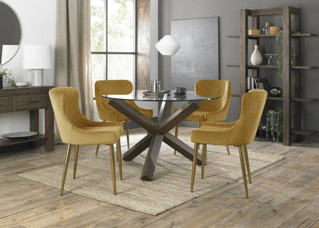 Premier Collection Turin Glass 4 Seater Table - Dark Oak Legs & 4 Cezanne Mustard Velvet Chairs - Gold Legs