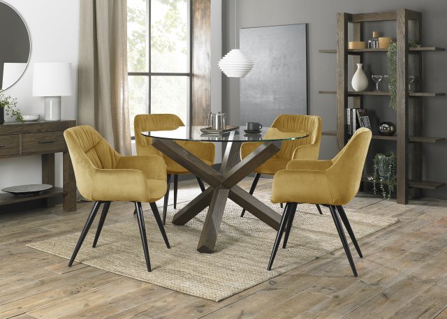 Premier Collection Turin Glass 4 Seater Table - Dark Oak Legs & 4 Dali Mustard Velvet Chairs