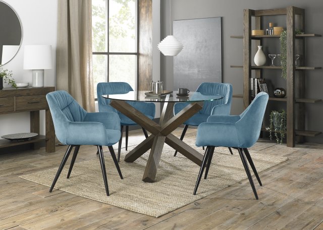 Premier Collection Turin Glass 4 Seater Table - Dark Oak Legs & 4 Dali Petrol Blue Velvet Chairs