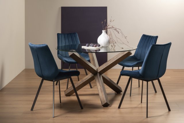 Premier Collection Turin Glass 4 Seater Table - Dark Oak Legs & 4 Fontana Blue Velvet Chairs