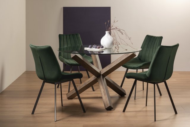 Premier Collection Turin Glass 4 Seater Table - Dark Oak Legs & 4 Fontana Green Velvet Chairs