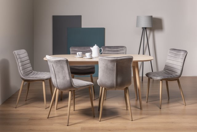 Premier Collection Dansk Scandi Oak 6 Seater Table & 6 Eriksen Grey Velvet Chairs