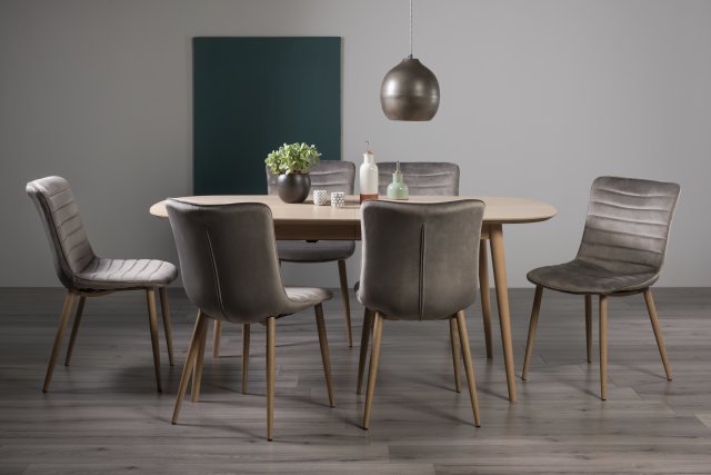 Premier Collection Dansk Scandi Oak 6-8 Seater Table & 6 Eriksen Grey Velvet Chairs