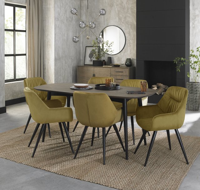 Premier Collection Vintage Weathered Oak 6 Seater Table & 6 Dali Mustard Velvet Chairs