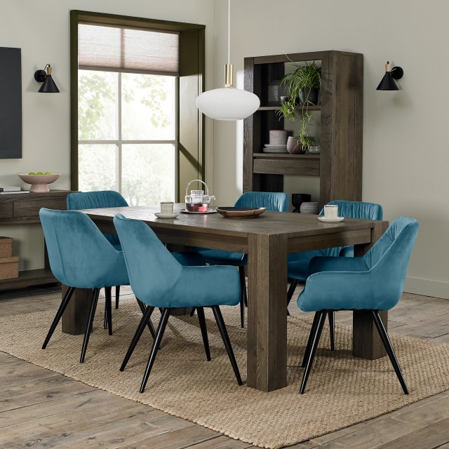 Bentley Designs Logan Fumed Oak 6 Seat Dining Set- 6 Dali Chairs in Petrol Blue Velvet Fabric- feature