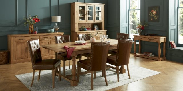 Bentley Designs Westbury Rustic Oak 4-6 Seater Dining Set- 6 Rustic Tan Upholstered Chairs- lifestyle