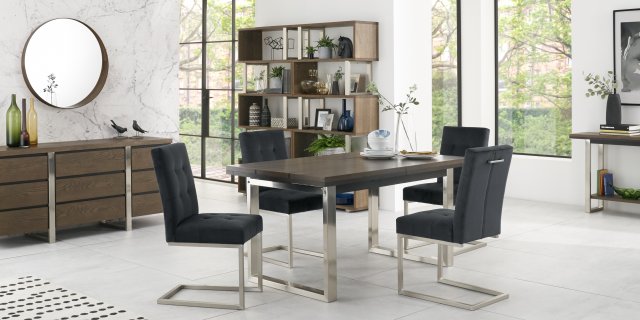 Bentley Designs Tivoli Dark Oak 4-6 Seater Dining Set & 4 Cantilever Chairs- Gun Metal Velvet Fabric- feature