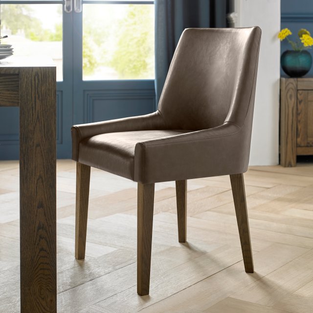Premier Collection Ella Dark Oak Scoop Back Chair - Distressed Bonded Leather (Pair) - Grade A3 - Ref #0463