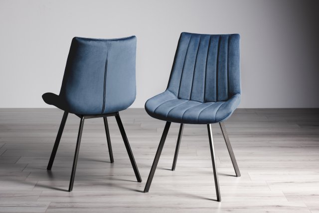 Gallery Collection Fontana - Blue Velvet Fabric Chairs with Black Legs (Pair) - Grade A3 - Ref #0723