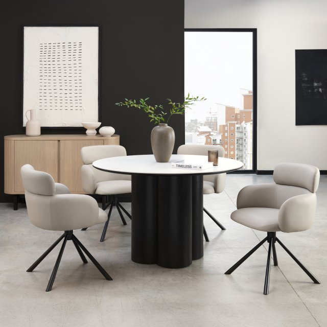 Gallery Collection Warren Matt White Sintered Stone 4 Seater Table with Black Oak Veneer Pedestal