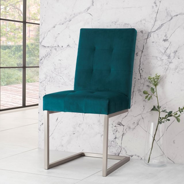 Signature Collection Tivoli Dark Oak Upholstered Cantilever Chair - Sea Green Velvet Fabric (Pair) - Grade A2 - Ref #1017