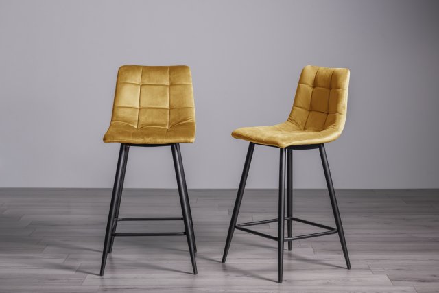 Gallery Collection Mondrian - Mustard Velvet Fabric Bar Stool with Black Legs (Pair) - Grade A3 - Ref #1102