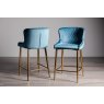 Gallery Collection Cezanne - Petrol Blue Velvet Fabric Bar Stool with Gold Legs (Pair)
