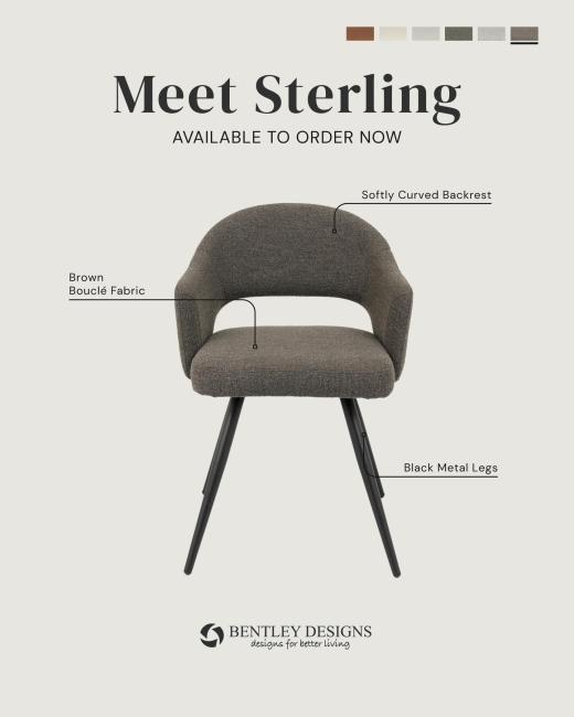 Meet Sterling. A softly curved backrest upholstered in bouclé fabric or faux leather, set on sleek b...