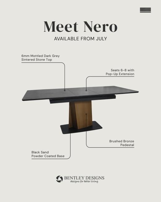 Meet Nero. A 6mm sintered stone top in a mottled dark grey finish, set on a brushed bronze pedestal w...