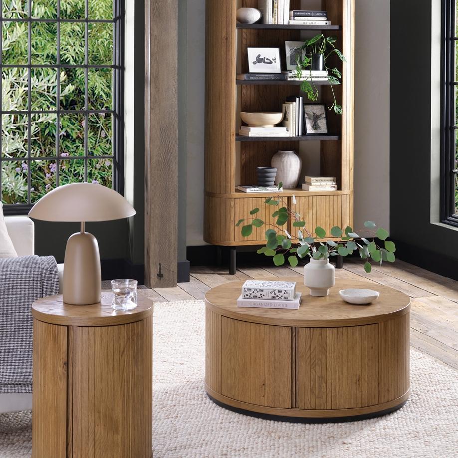 When furniture repeats a shape, a space feels more composed. ⁠ ⁠ The Vega Rustic Oak drum lamp an...