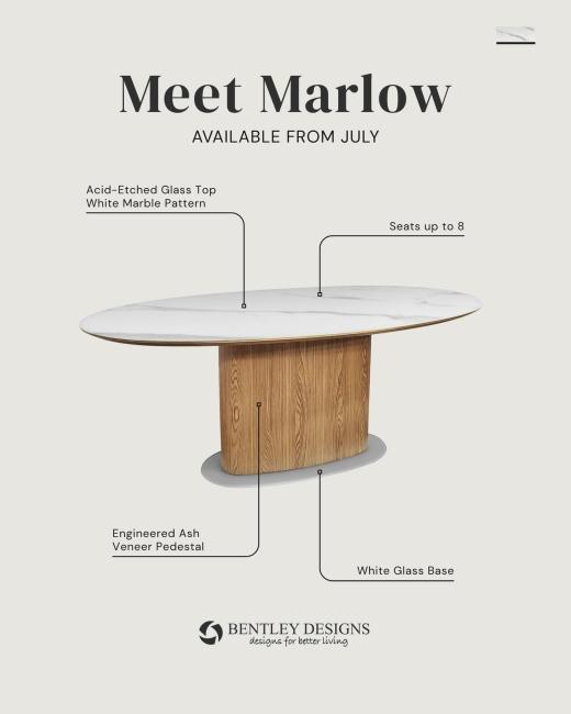 Meet Marlow. An acid-etched toughened glass top with a white marble pattern, set on an ash veneer ped...