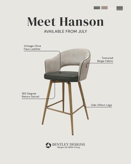 Meet Hanson. A curved backrest in textured fabric paired with a faux leather seat, set on oak-effect...